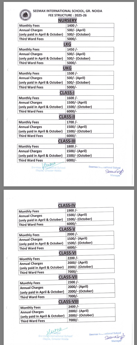 Fee Structure for Seemax International School
