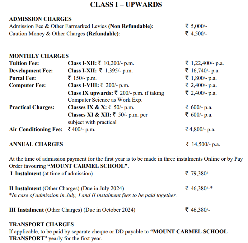 Fee Structure of Mount Carmel Junior School