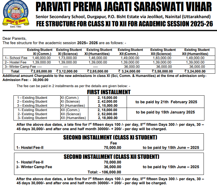 Fee Structure at Parwati Prema Jagati Saraswati Vihar