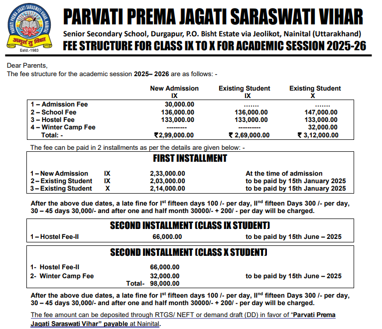 Fee Structure at Parwati Prema Jagati Saraswati Vihar