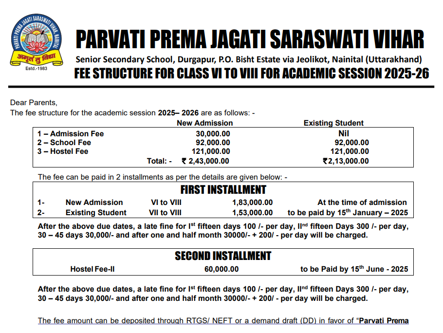 Fee Structure at Parwati Prema Jagati Saraswati Vihar