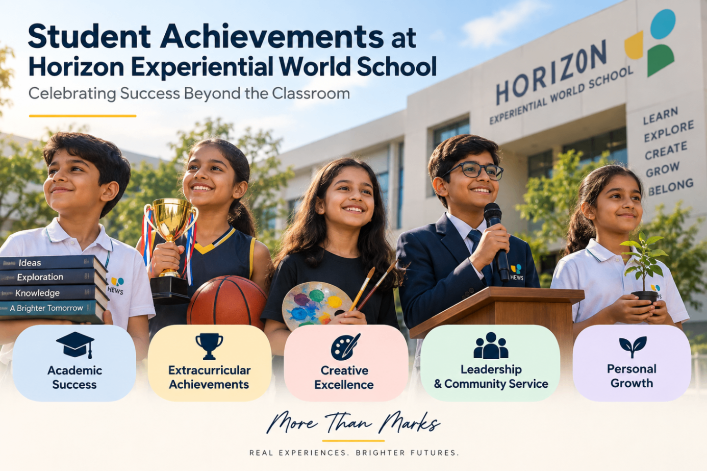 Student achievements at Horizon Experiential World School featuring academics, sports, arts, leadership, community service, and personal growth.