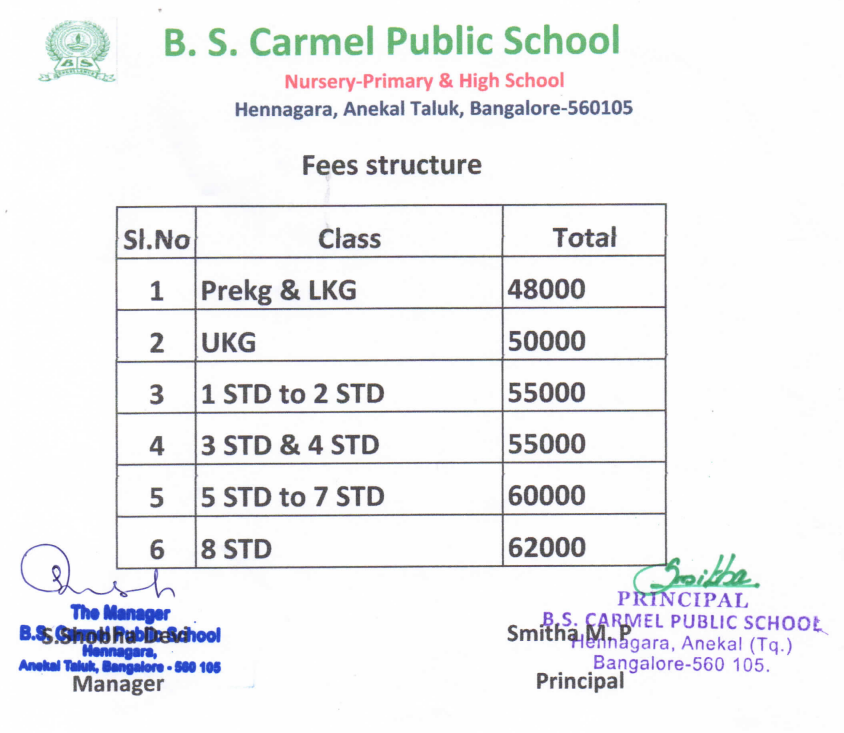Fee Structure of B S Carmel Public School